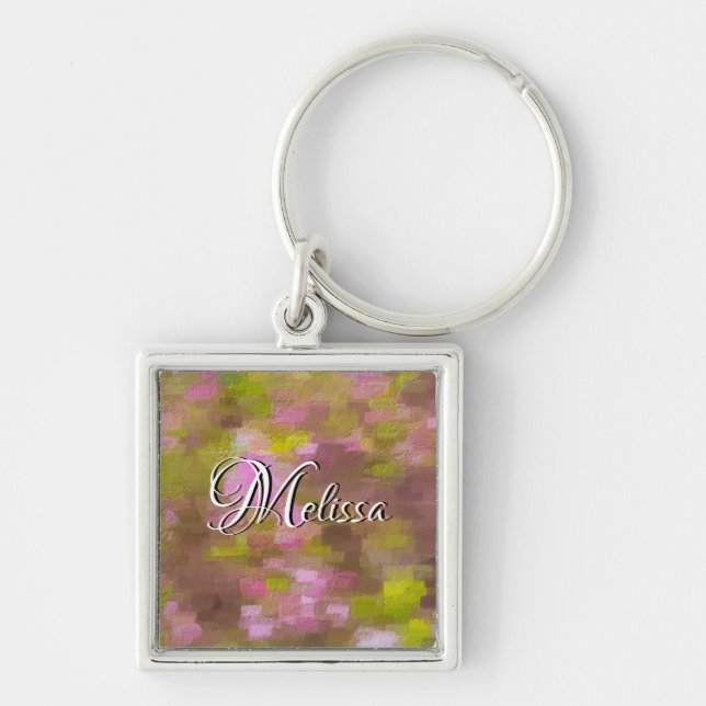 Spring Season Pinks Abstract Name Square Keychain (Front)