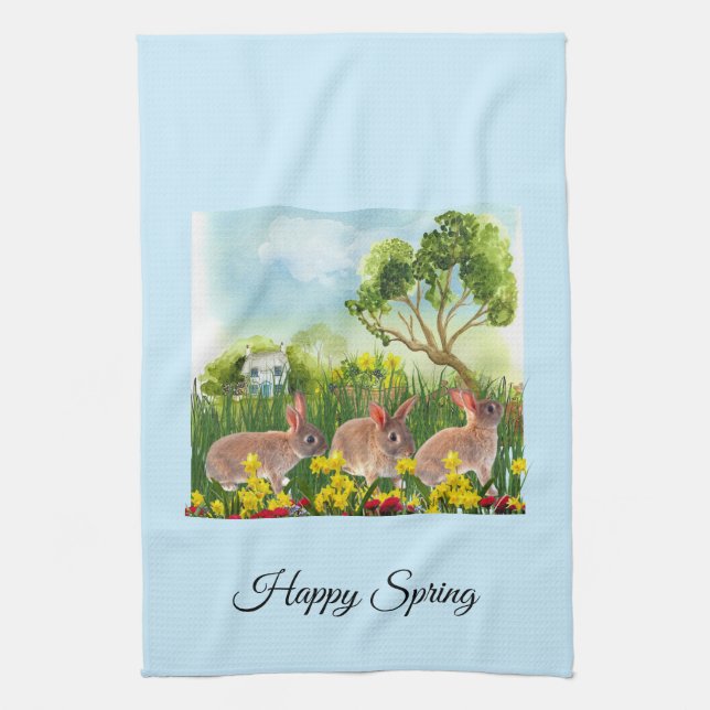 Spring Season Rabbits / Easter Holiday Decor Tea Towel (Vertical)