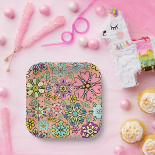 Spring Season Retro Flower Colors Seamless Pattern Paper Plate