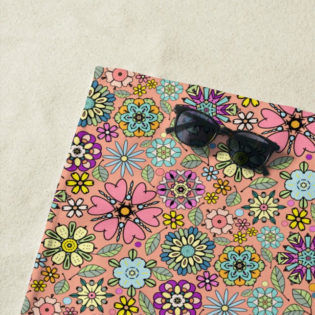 Spring Season Retro Flower Colours Seamless Patter Beach Towel (In Situ)
