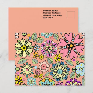 Spring Season Retro Flower Colours Seamless Patter Postcard