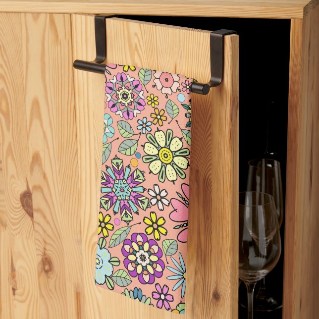 Spring Season Retro Flower Colours Seamless Patter Tea Towel (Thirds Fold)