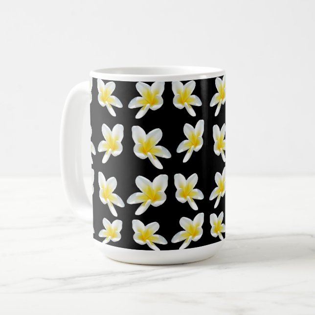 Spring Serenade: Yellow Frangipanis On Black, Coffee Mug (Front Left)