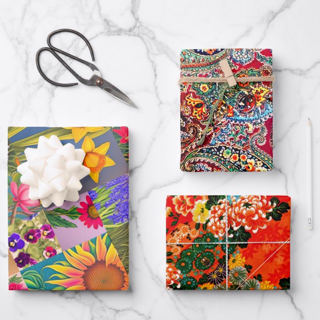 Spring Set Floral, Paisley, Mah Jongg Egrets Wrapping Paper Sheet (Front)