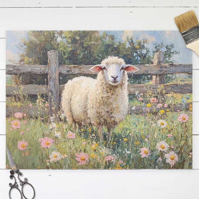 Spring Sheep with Wildflowers Painting Decoupage Tissue Paper (Creator Uploaded)