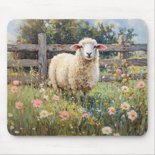 Spring Sheep with Wildflowers Painting Mouse Mat