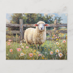 Spring Sheep with Wildflowers Painting Postcard