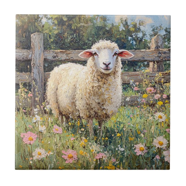 Spring Sheep with Wildflowers Painting Tile (Front)