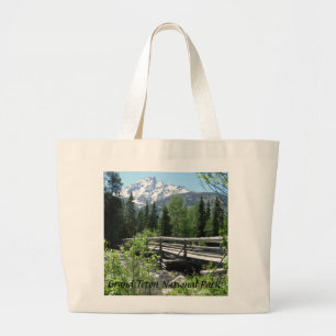 Spring Snow on Grand Tetons with Bridge over River Large Tote Bag