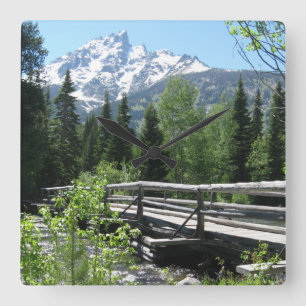 Spring Snow on Grand Tetons with Bridge over River Square Wall Clock