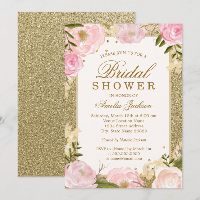 Spring Sparkle Pink Gold Floral Bridal Shower Invitation (Front/Back)