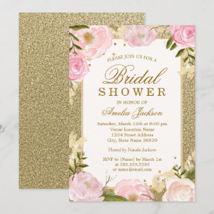 Spring Sparkle Pink Gold Floral Bridal Shower Invitation