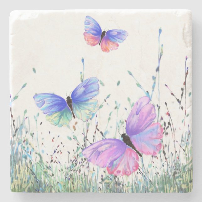 Spring Stone Coaster Colourful Butterflies Flying (Front)