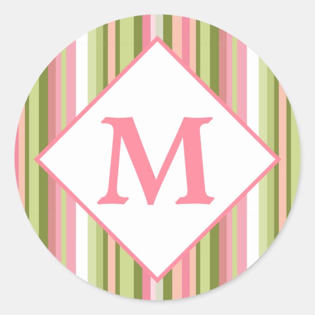 Spring Stripes Personalised Monogram Classic Round Sticker (Front)