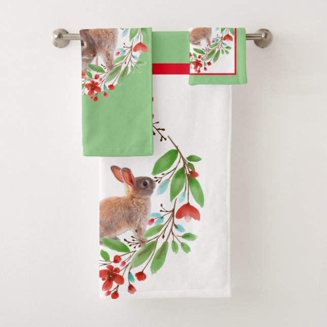 Spring  Style Easter Bunny and Red Floral Wreath Bath Towel Set (Insitu)