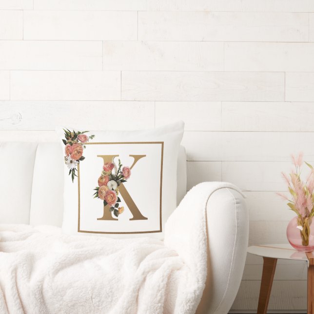 SPRING STYLE, PINK & WHITE FLORAL MONOGRAM K CUSHION (Couch)