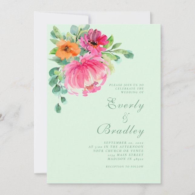 Spring Summer Bold Floral Sage Green Photo Wedding Invitation (Front)
