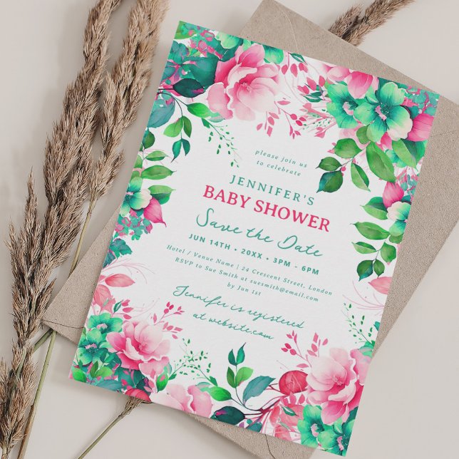 Spring Summer Floral Baby Shower Save Date Invitation (Spring Summer Floral Baby Shower Save Date Invitation)