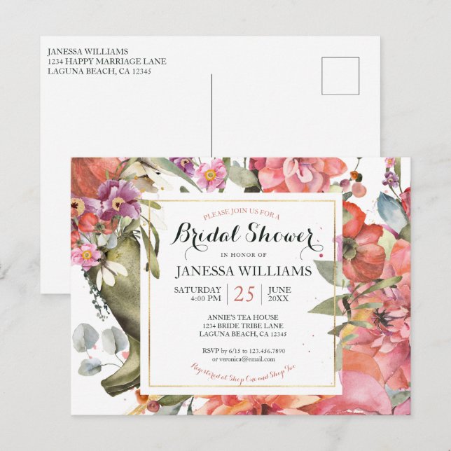 Spring Summer Floral Bridal Shower Invitation  Postcard (Front/Back)