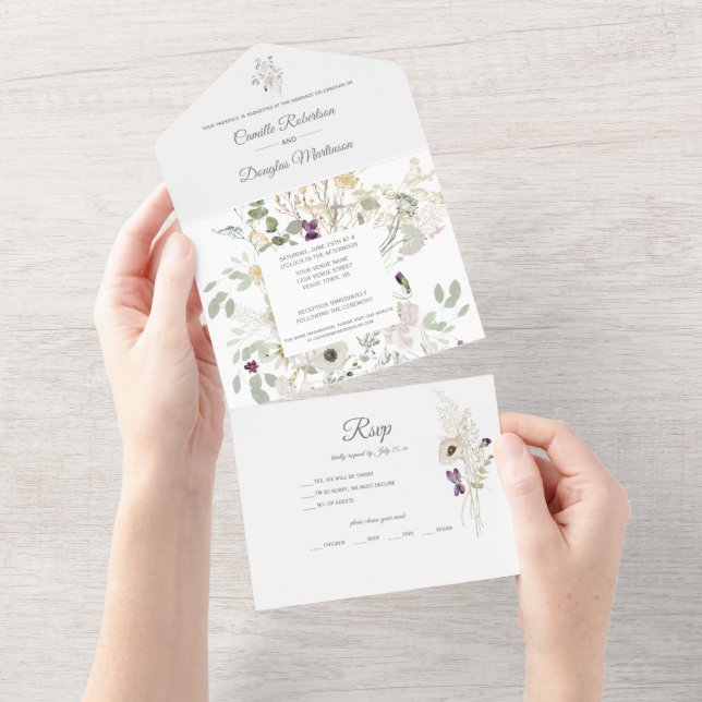 Spring Summer Floral Wildflowers Leaves Stems | All In One Invitation (Tearaway)
