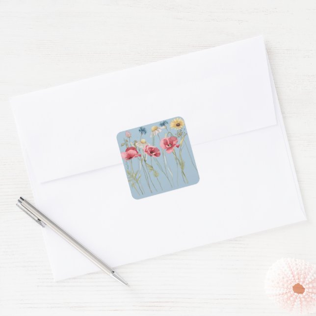 Spring summer flowers meadow blue square sticker (Envelope)