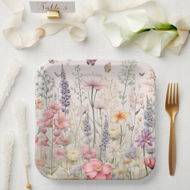 Spring Summer Garden Watercolor Flowers Butterfly Paper Plate (Wedding)