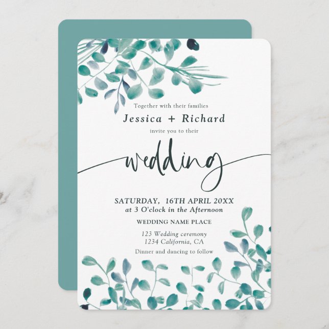 Spring summer greenery eucalyptus floral wedding invitation (Front/Back)