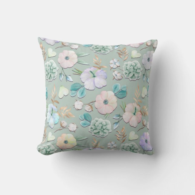 Spring Summer Mint Green Gold Lialc Pink Floral Cushion (Front)