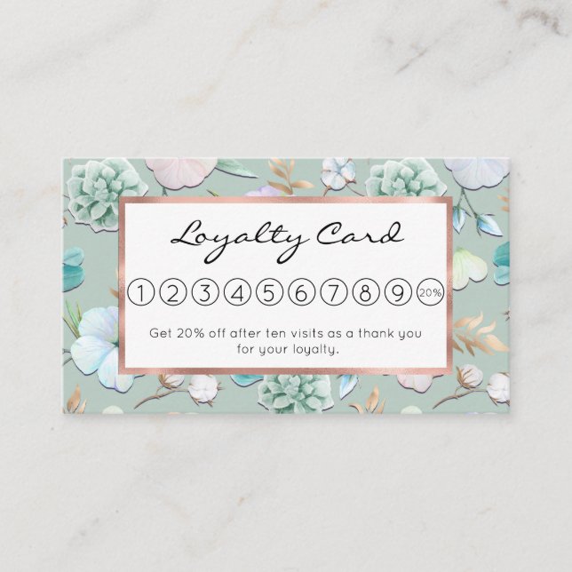 Spring Summer Mint Green Gold Lialc Pink Floral Loyalty Card (Front)