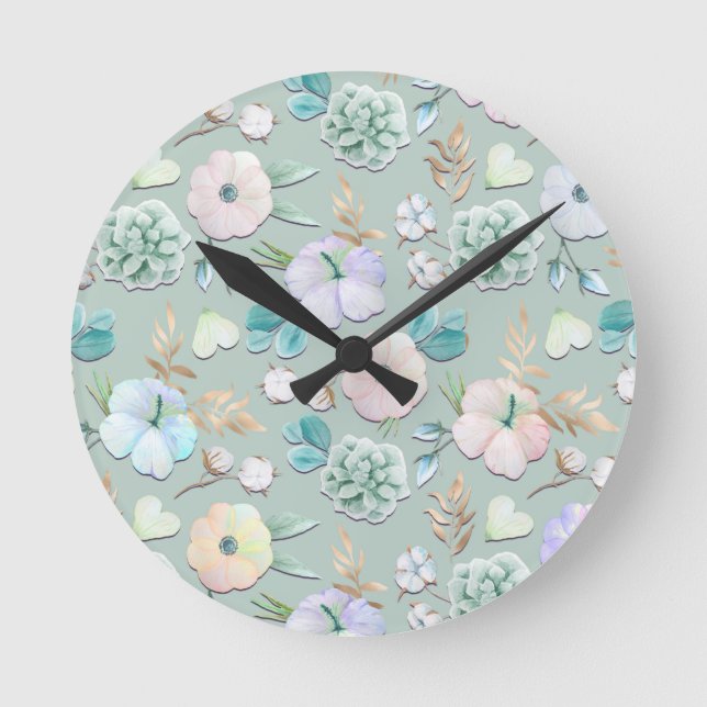 Spring Summer Mint Green Gold Lialc Pink Floral Round Clock (Front)