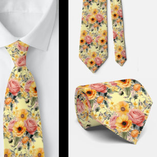 Spring Summer Pink and Yellow Floral Neck Tie