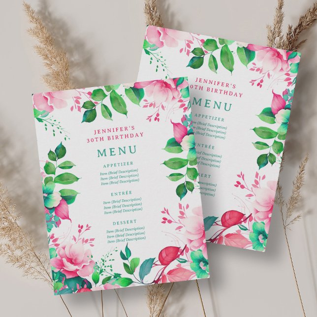 Spring Summer Watercolor Floral 30 Birthday Menu  Invitation (Spring Summer Watercolor Floral 30 Birthday Menu Invitation)