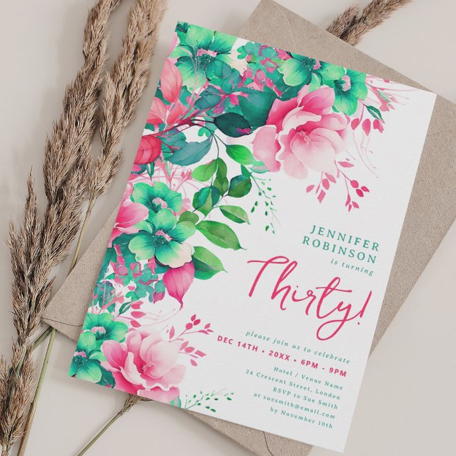 Spring Summer Watercolor Floral 30th Birthday  Invitation (Spring Summer Watercolor Floral 30th Birthday Invitation)
