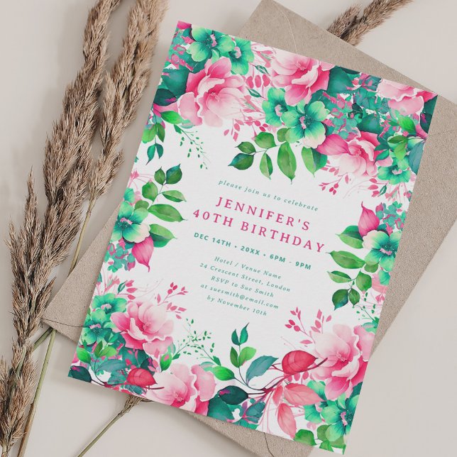 Spring Summer Watercolor Floral 40th Birthday  Invitation (Spring Summer Watercolor Floral 40th Birthday Invitation)