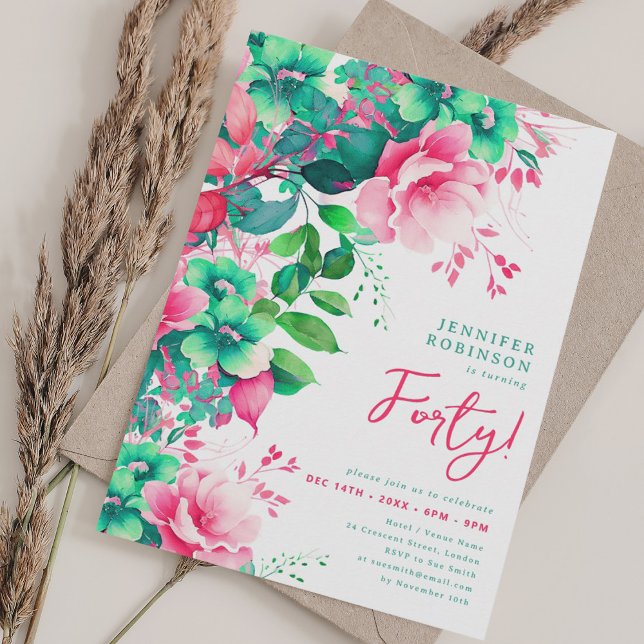 Spring Summer Watercolor Floral 40th Birthday  Invitation (Spring Summer Watercolor Floral 40th Birthday Invitation)