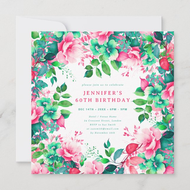 Spring Summer Watercolor Floral 60th Birthday  Invitation (Front)