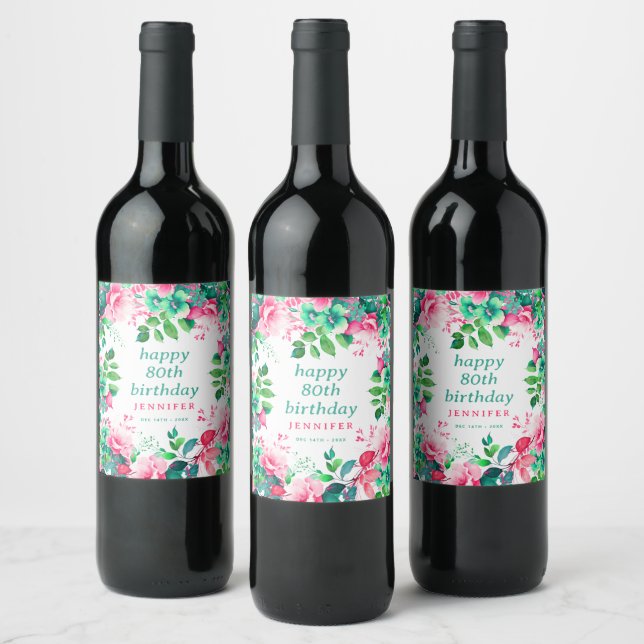 Spring Summer Watercolor Floral 80th Birthday  Wine Label (Bottles)