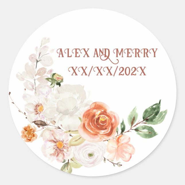 Spring summer wedding MONOGRAM roses bouquet Classic Round Sticker (Front)