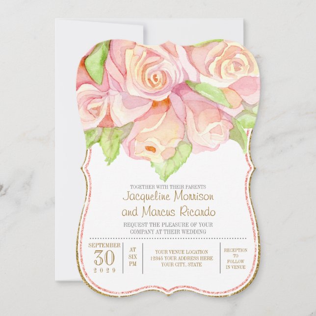 Spring Summer Wedding Watercolor Rose Bouquet Invitation (Front)