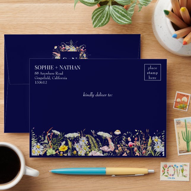 Spring Summer Wildflower Boho Navy Blue Wedding En Envelope (Desk)