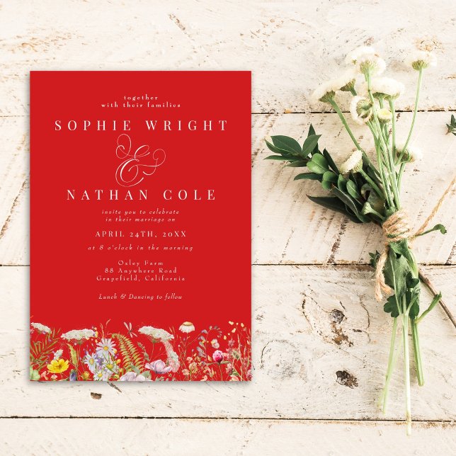 Spring Summer Wildflower Fiery Red Boho Wedding Invitation (Creator Uploaded)