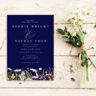 Spring Summer Wildflower Navy Blue Boho Wedding Invitation