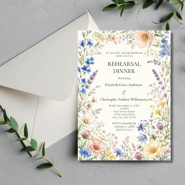 Spring Summer Wildflower Wedding Rehearsal Dinner  Invitation (Wildflowers Watercolor Florals Spring Summer Wedding Rehearsal Dinner Invitation)