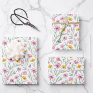 Spring Summer Yellow Pink Purple Floral Watercolor Wrapping Paper Sheet