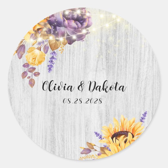 Spring Sunflower and Purple Peony Wedding Classic  Round Sticker (Front)