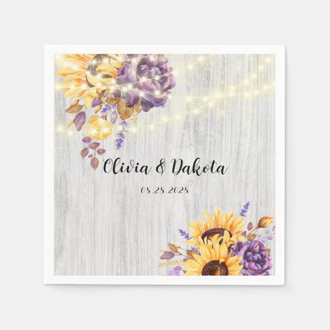 Spring Sunflower and Purple Peony Wedding Napkin (Front)