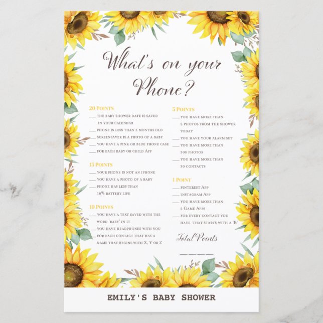 Spring Sunflower Baby Shower Game PRINTED (Front)
