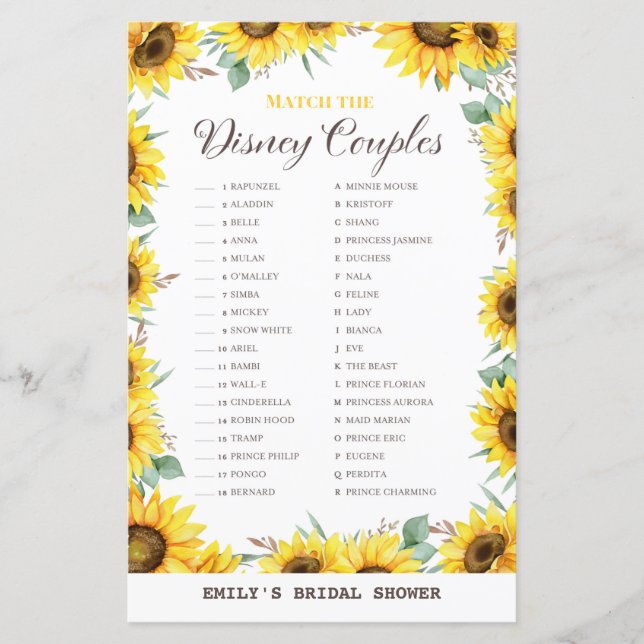 Spring Sunflower Bridal Shower Game PRINTED (Front)