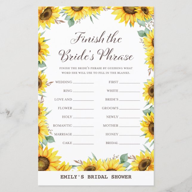 Spring Sunflower Bridal Shower Game PRINTED (Front)
