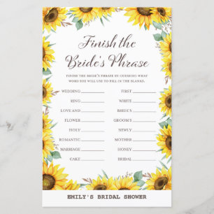 Spring Sunflower Bridal Shower Game PRINTED